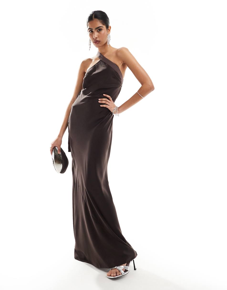 ASOS DESIGN one shoulder maxi dress with grosgrain strap in chocolate brown