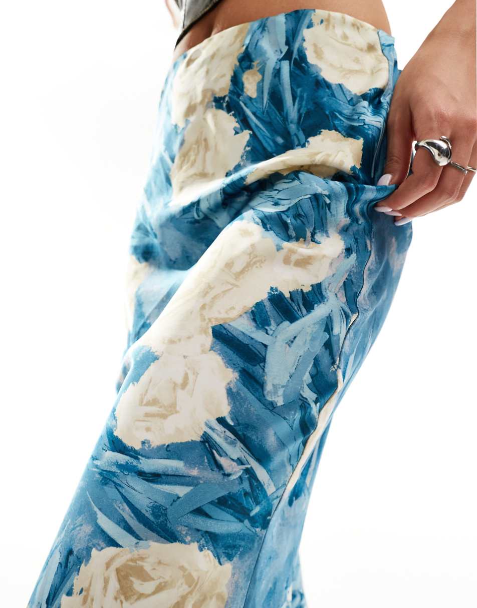 Emory Park bloom floral satin maxi skirt in teal blue