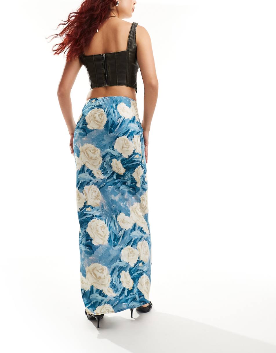 Emory Park bloom floral satin maxi skirt in teal blue