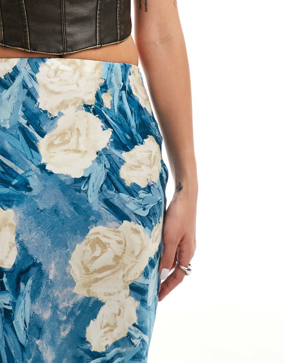 Emory Park bloom floral satin maxi skirt in teal blue