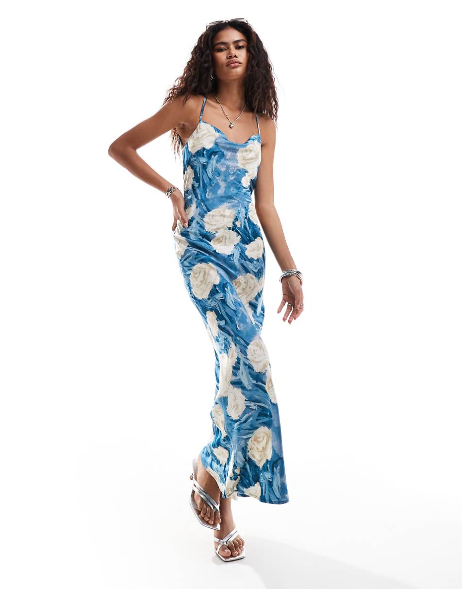 Emory Park bloom cowl neck satin maxi dress in teal blue