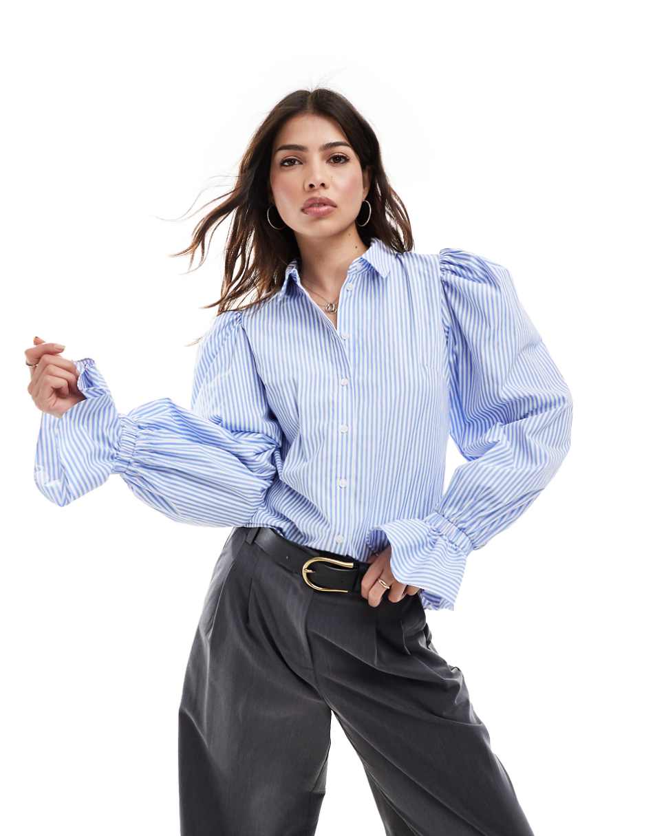 ASOS DESIGN volume sleeved soft shirt with ruffle cuff in chambray stripe