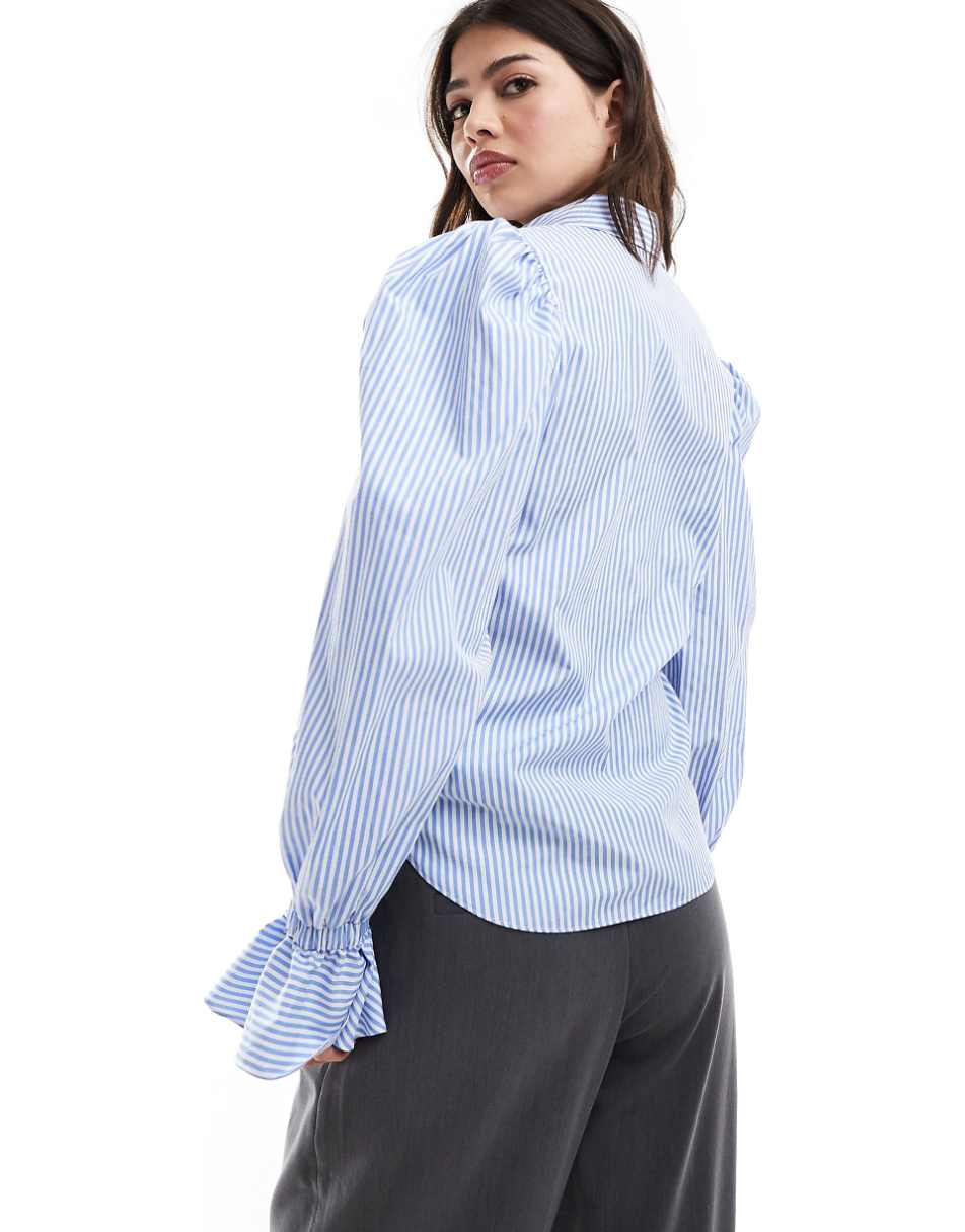 ASOS DESIGN volume sleeved soft shirt with ruffle cuff in chambray stripe