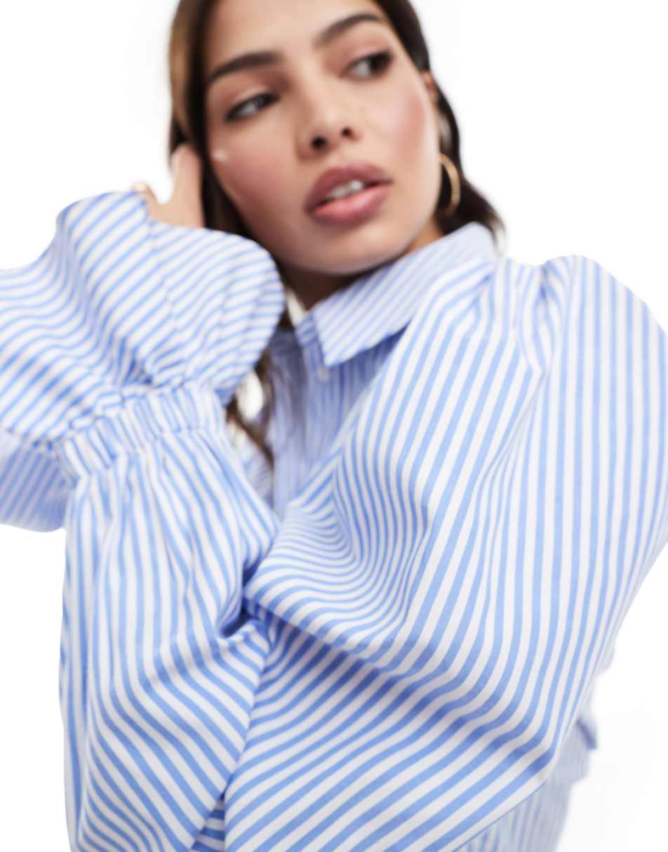 ASOS DESIGN volume sleeved soft shirt with ruffle cuff in chambray stripe
