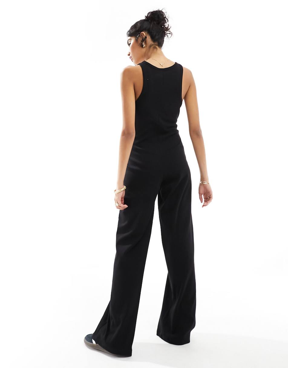 ASOS DESIGN ribbed racer black jumpsuit with wide leg