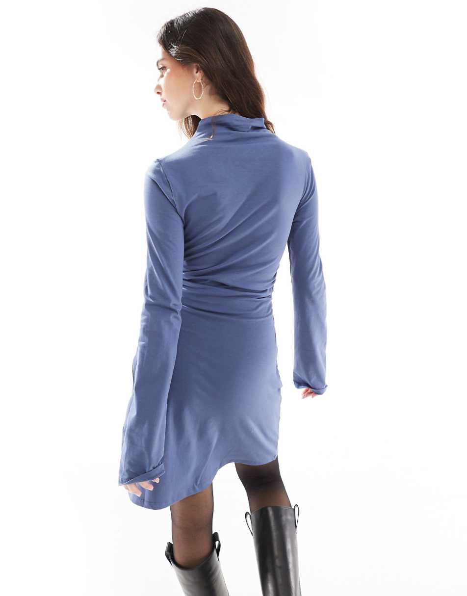 ASOS DESIGN grown-on neck mini with long sleeve in denim blue