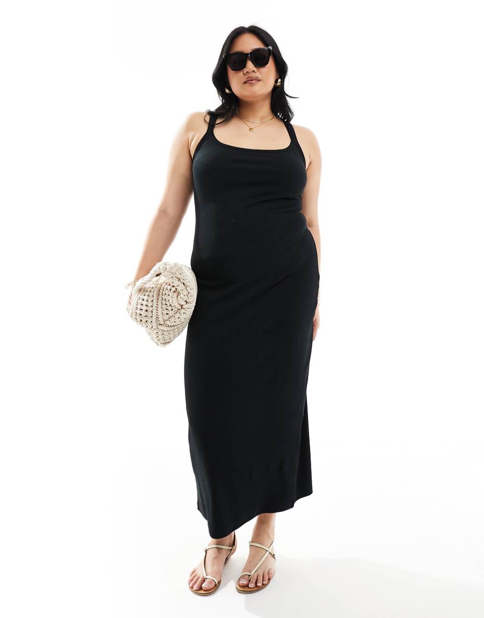 ASOS DESIGN Curve ribbed strappy square neck midaxi dress in black