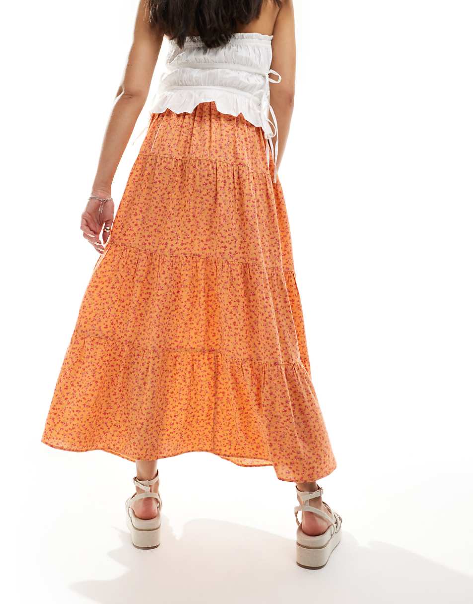 Miss Selfridge button detail tiered maxi skirt in orange floral