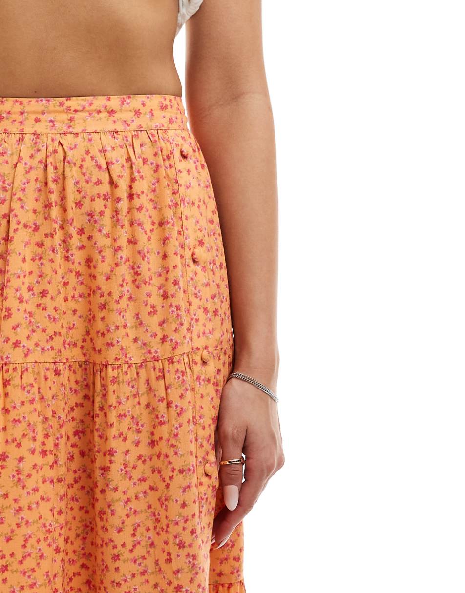 Miss Selfridge button detail tiered maxi skirt in orange floral