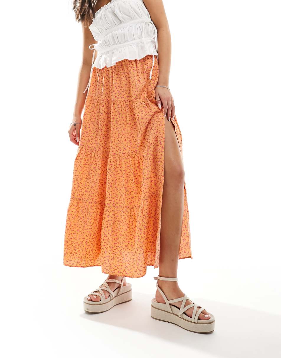 Miss Selfridge button detail tiered maxi skirt in orange floral