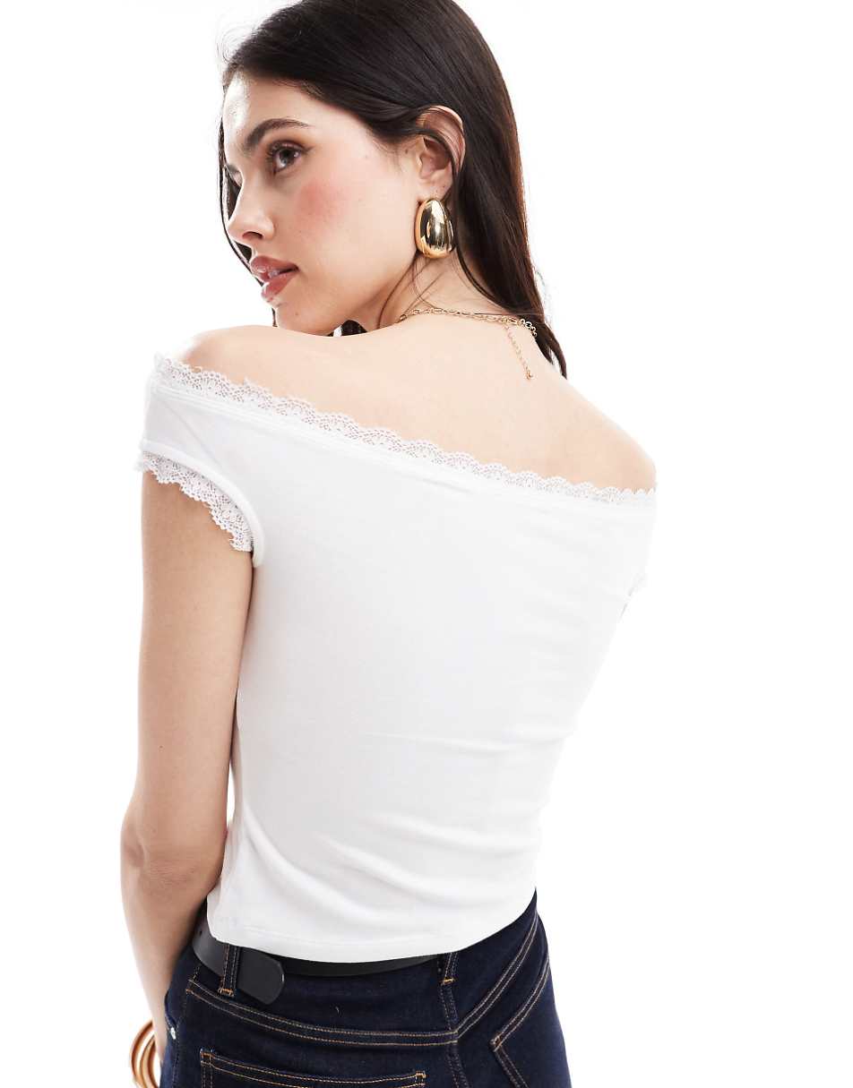 ASOS DESIGN off the shoulder lace trim top in white