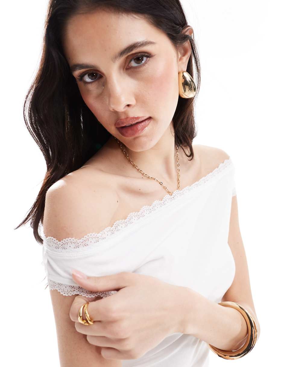 ASOS DESIGN off the shoulder lace trim top in white