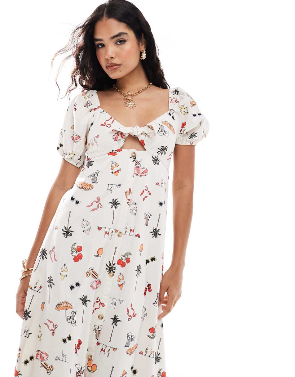 Miss Selfridge linen blend tie front button through maxi dress in postcard print