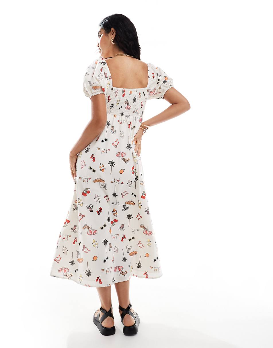 Miss Selfridge linen blend tie front button through maxi dress in postcard print