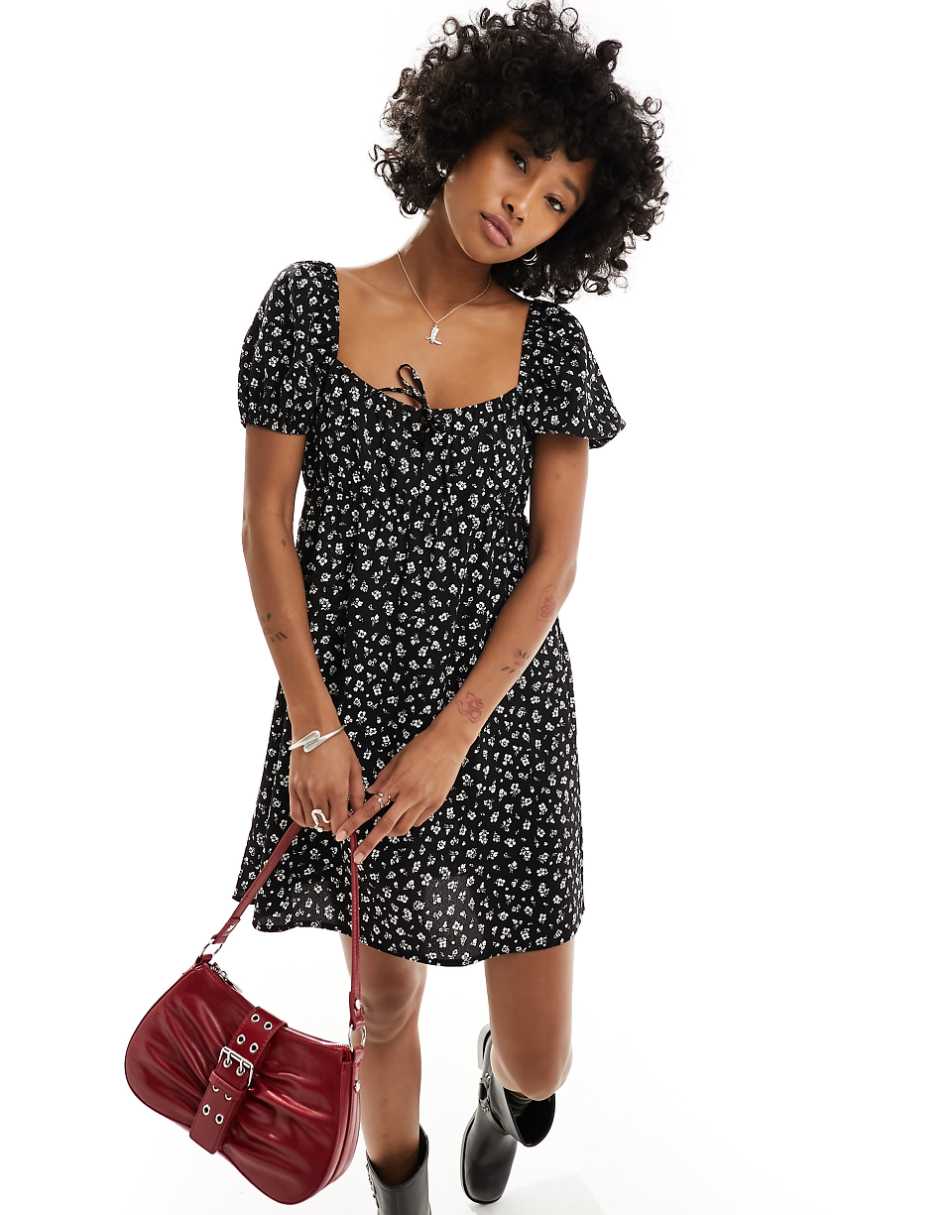 Monki mini dress with puff sleeves and ruched back detail in black