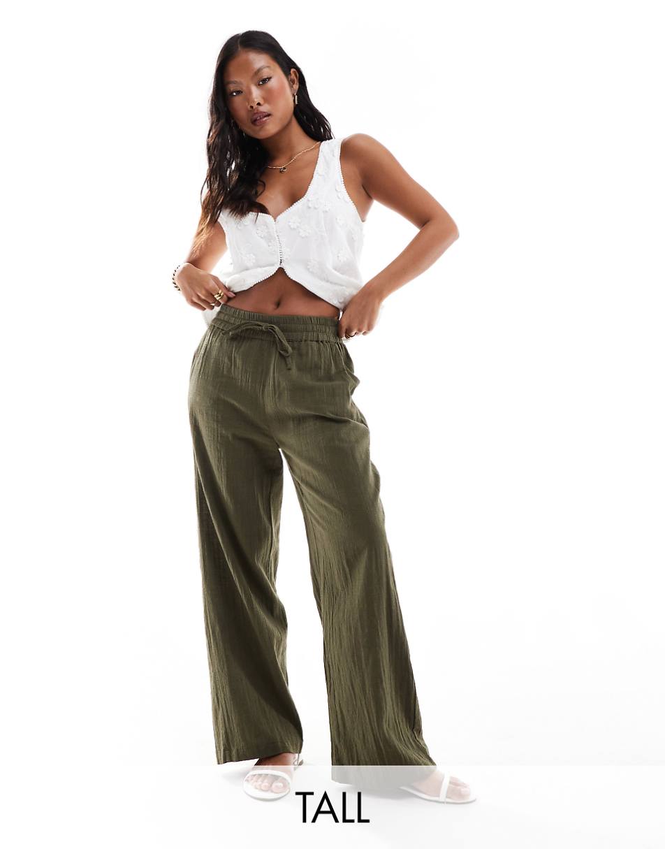 ONLY Petite linen texture wide leg pants in khaki