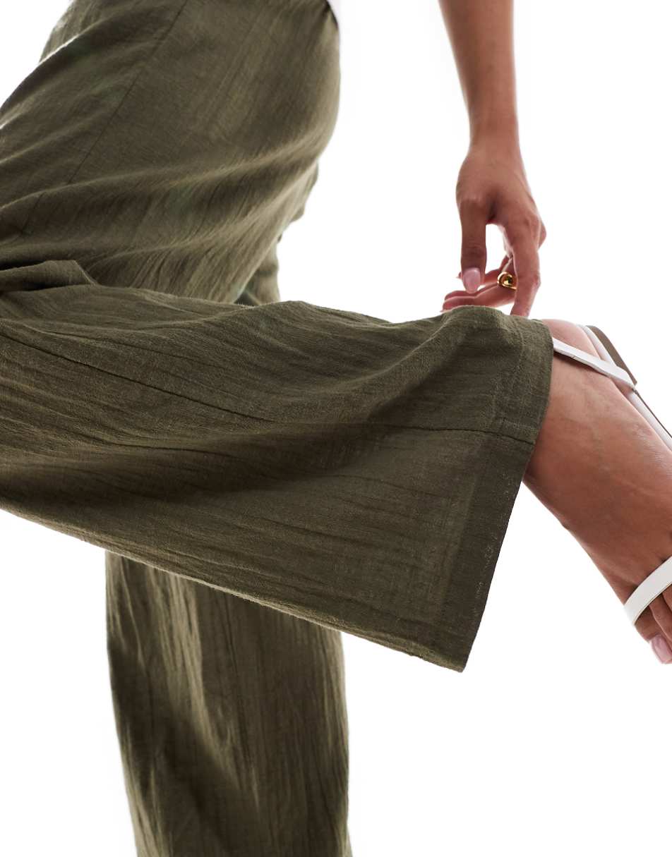 ONLY Petite linen texture wide leg pants in khaki