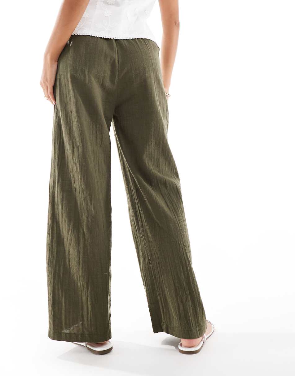 ONLY Petite linen texture wide leg pants in khaki