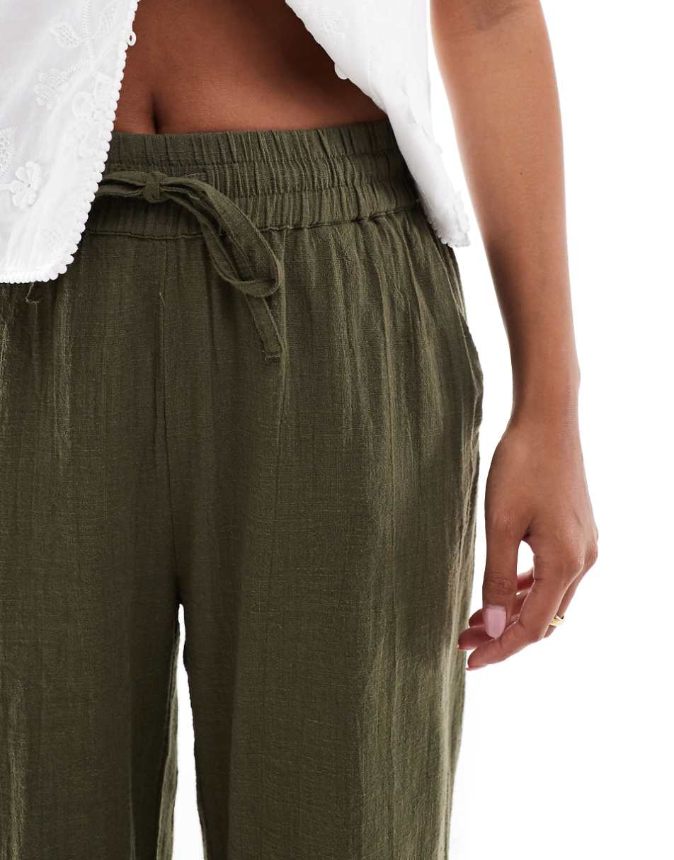 ONLY Petite linen texture wide leg pants in khaki