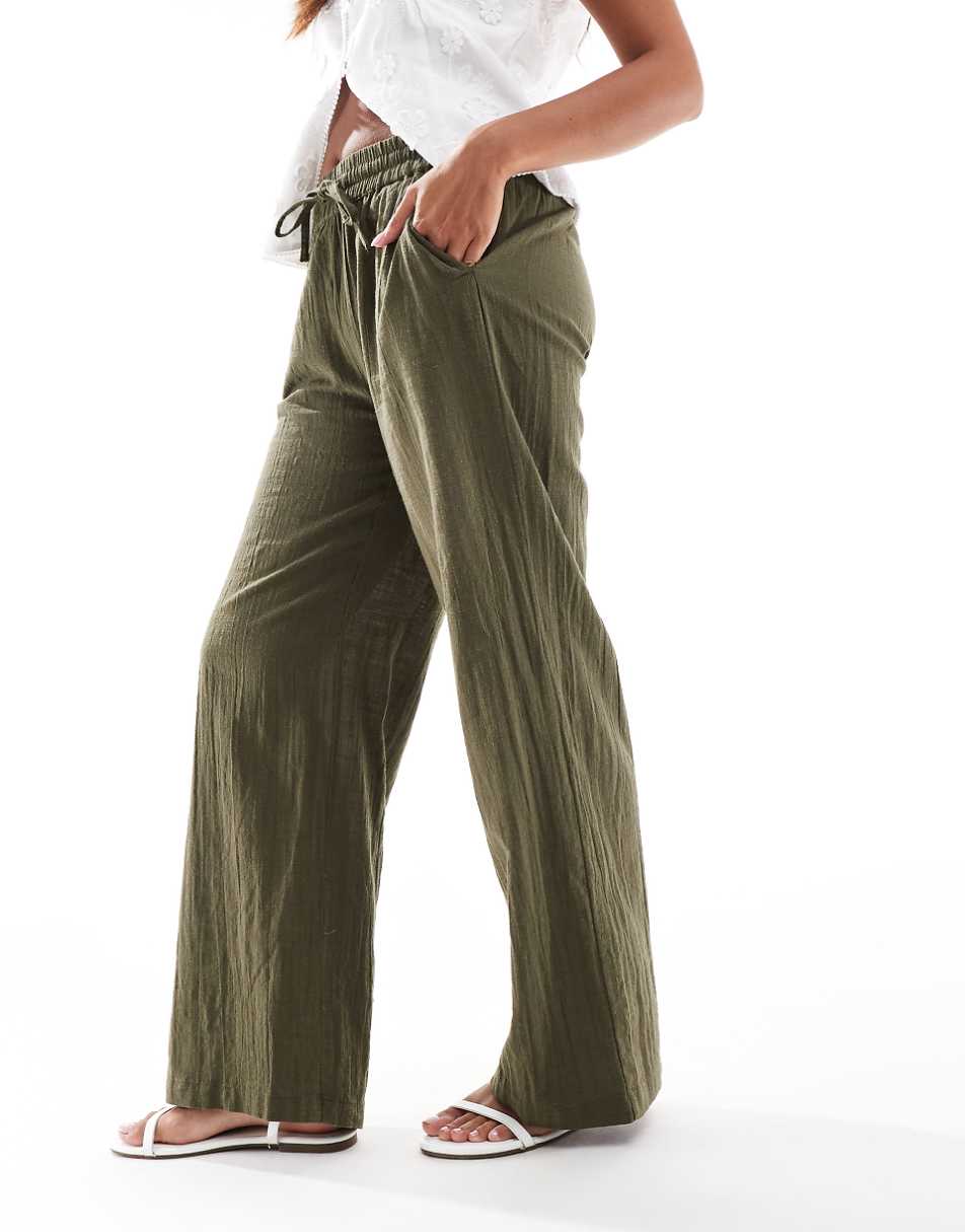 ONLY Petite linen texture wide leg pants in khaki