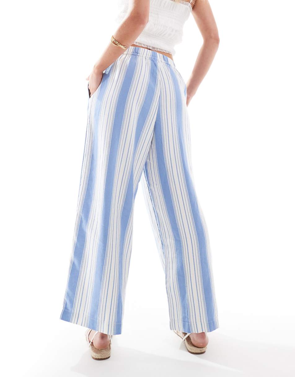 ONLY Petite wide leg linen pants in blue & white stripe