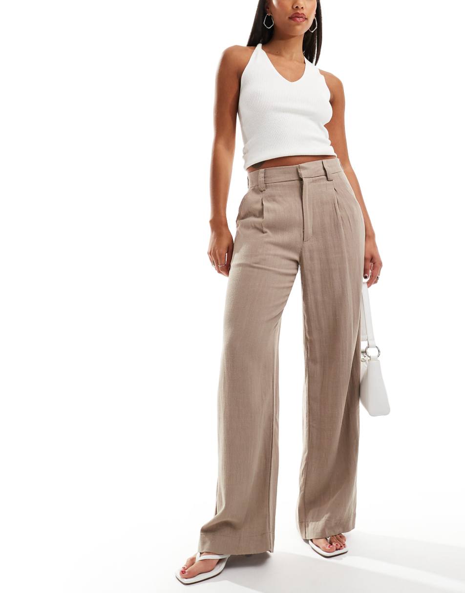 ASOS DESIGN wide leg dad pants with linen in taupe