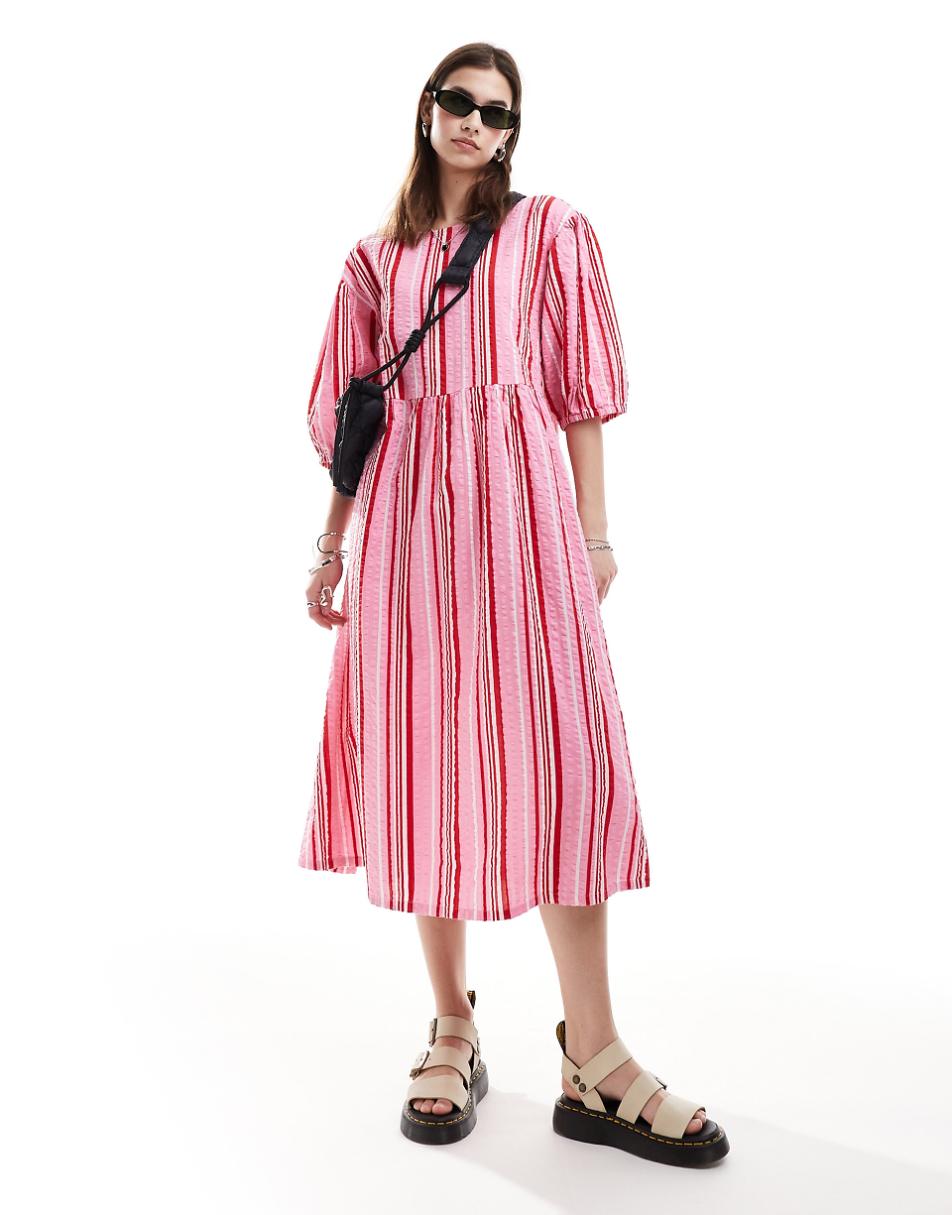 Monki seersucker smock midi dress in multi color stripe
