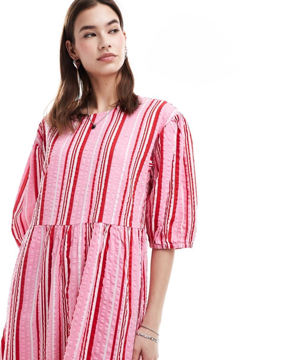 Monki seersucker smock midi dress in multi color stripe