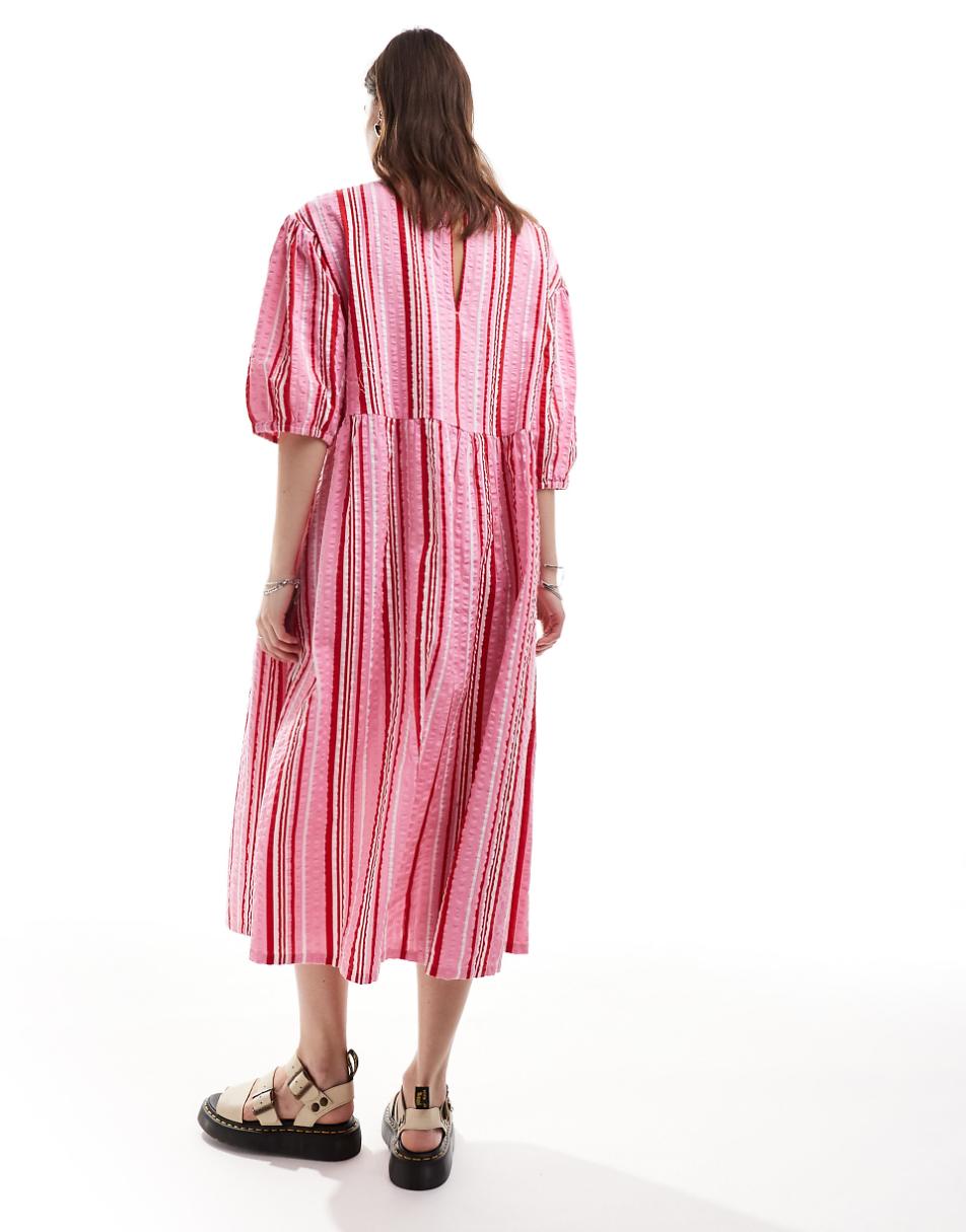 Monki seersucker smock midi dress in multi color stripe