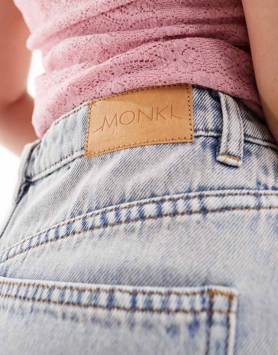 Monki midaxi denim skirt with front slit in beige wash