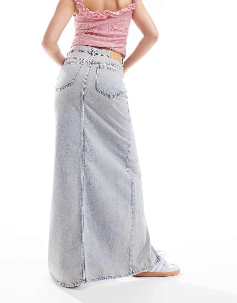Monki midaxi denim skirt with front slit in beige wash