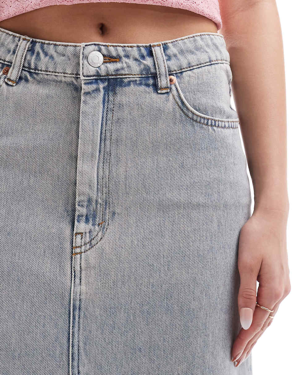 Monki midaxi denim skirt with front slit in beige wash