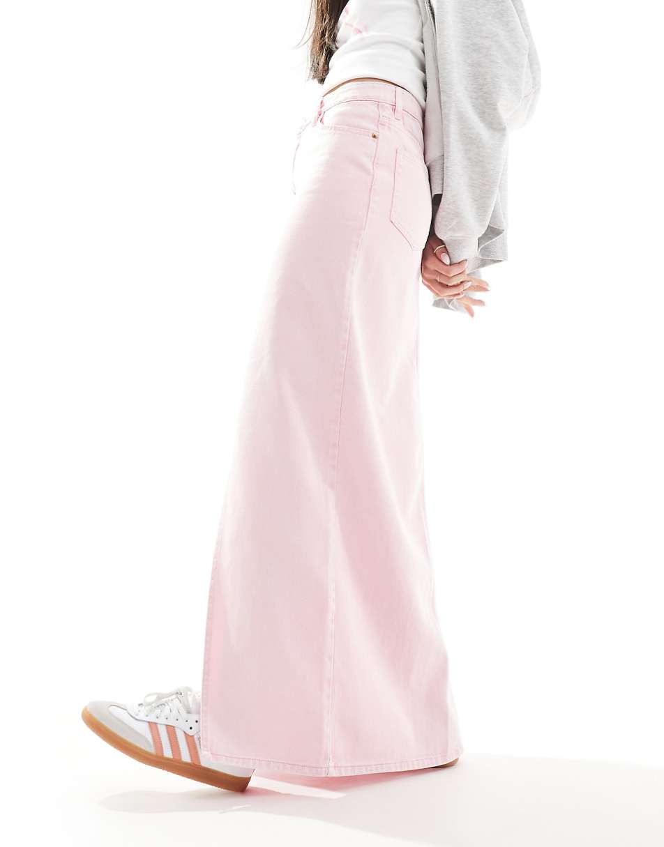Monki midaxi denim skirt with front slit in pink