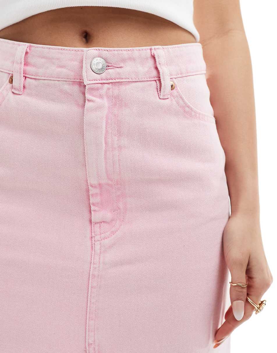 Monki midaxi denim skirt with front slit in pink