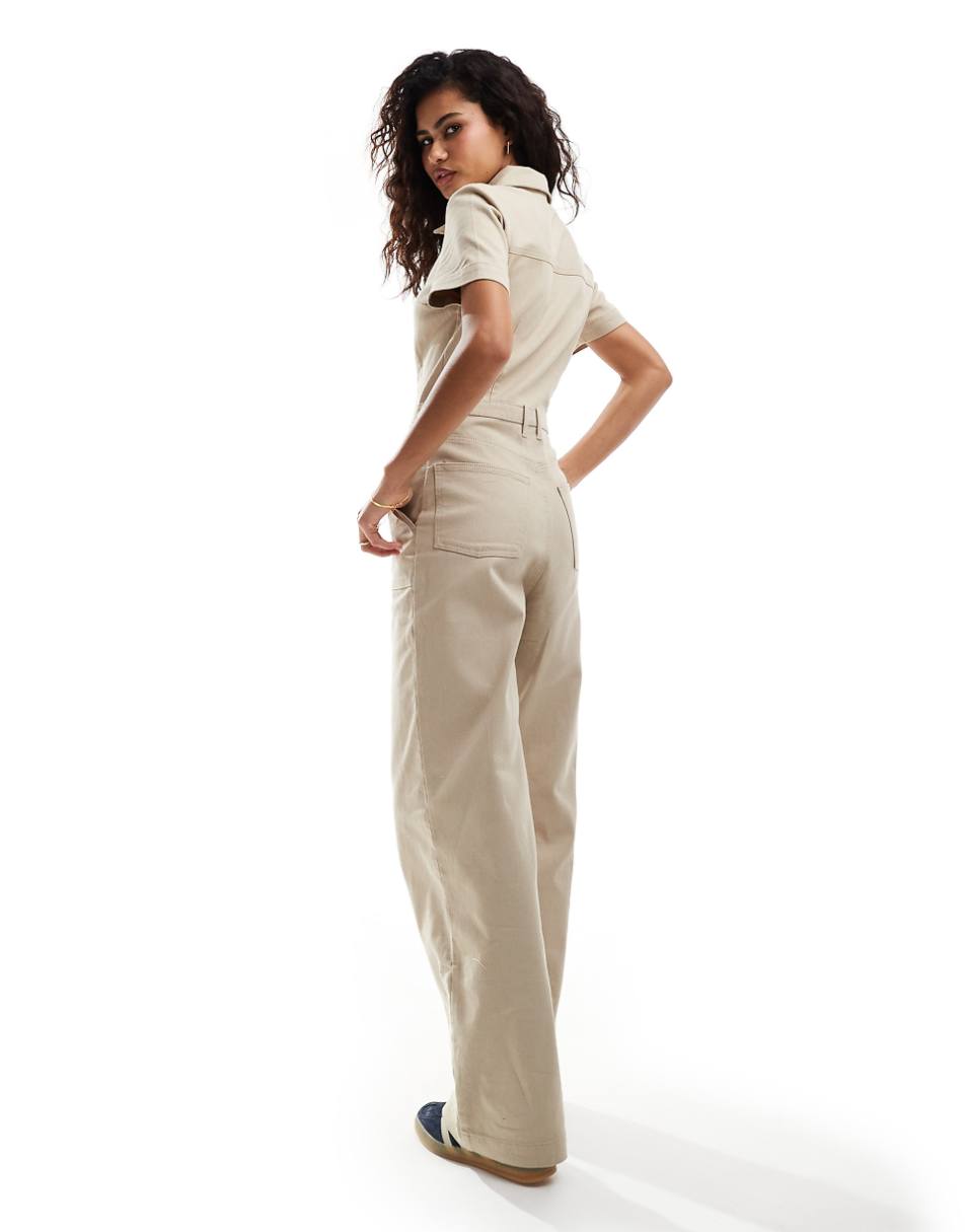Monki wide leg jumpsuit with front zipper in beige
