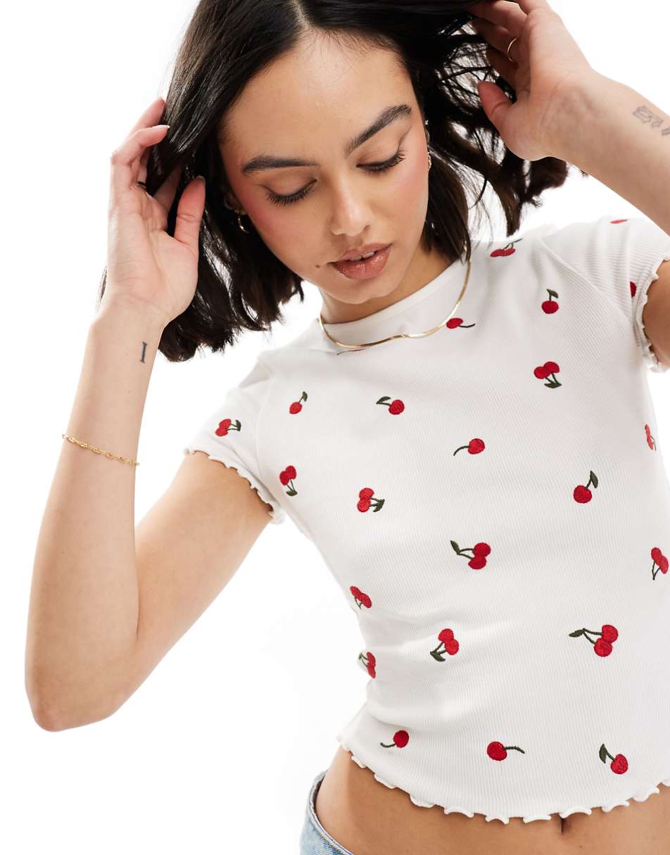 Miss Selfridge short sleeve ruffle sleeve T-shirt with cherry embroidery in white
