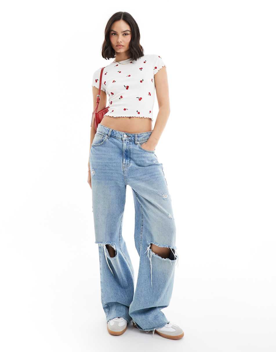 Miss Selfridge short sleeve ruffle sleeve T-shirt with cherry embroidery in white