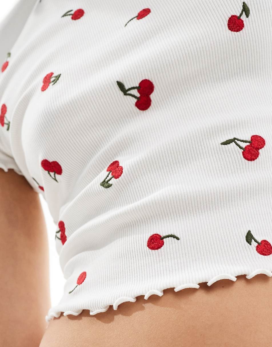 Miss Selfridge short sleeve ruffle sleeve T-shirt with cherry embroidery in white