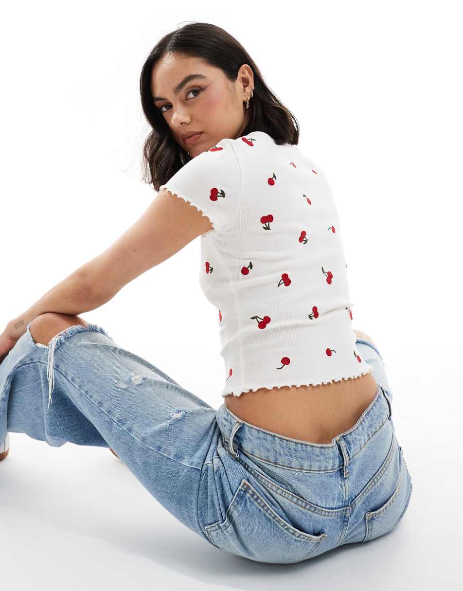 Miss Selfridge short sleeve ruffle sleeve T-shirt with cherry embroidery in white