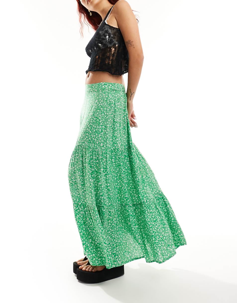 Monki tiered maxi skirt in red meadow floral