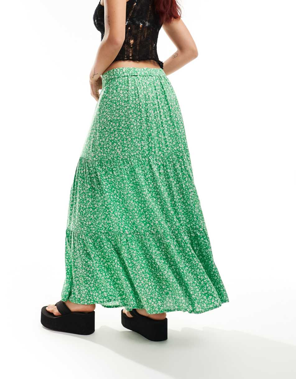 Monki tiered maxi skirt in red meadow floral