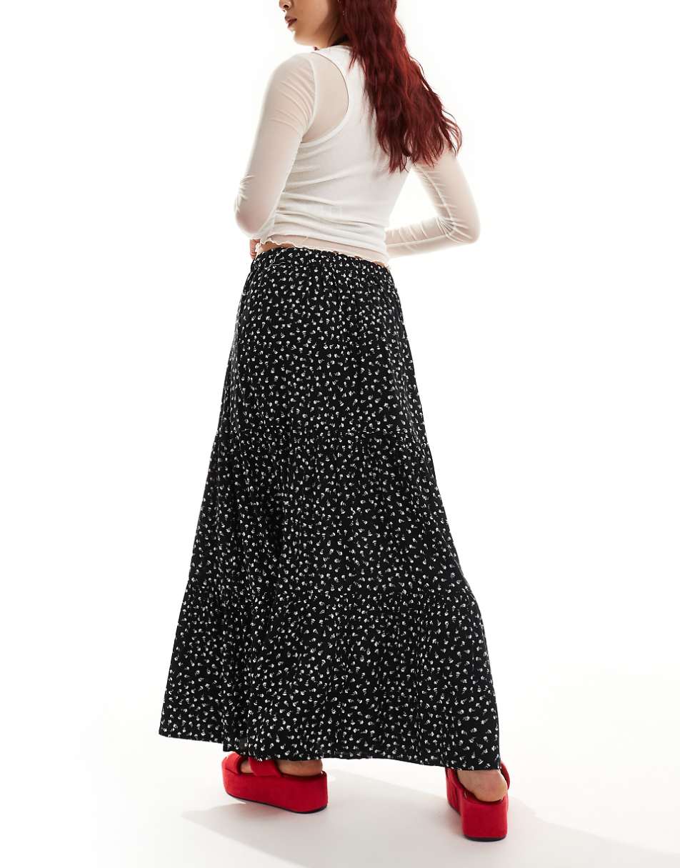 Monki tiered maxi skirt in black meadow floral