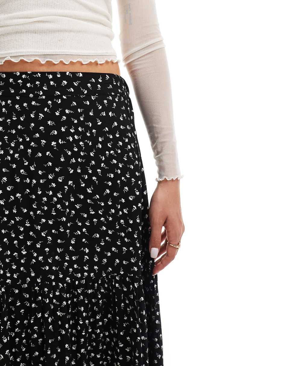 Monki tiered maxi skirt in black meadow floral