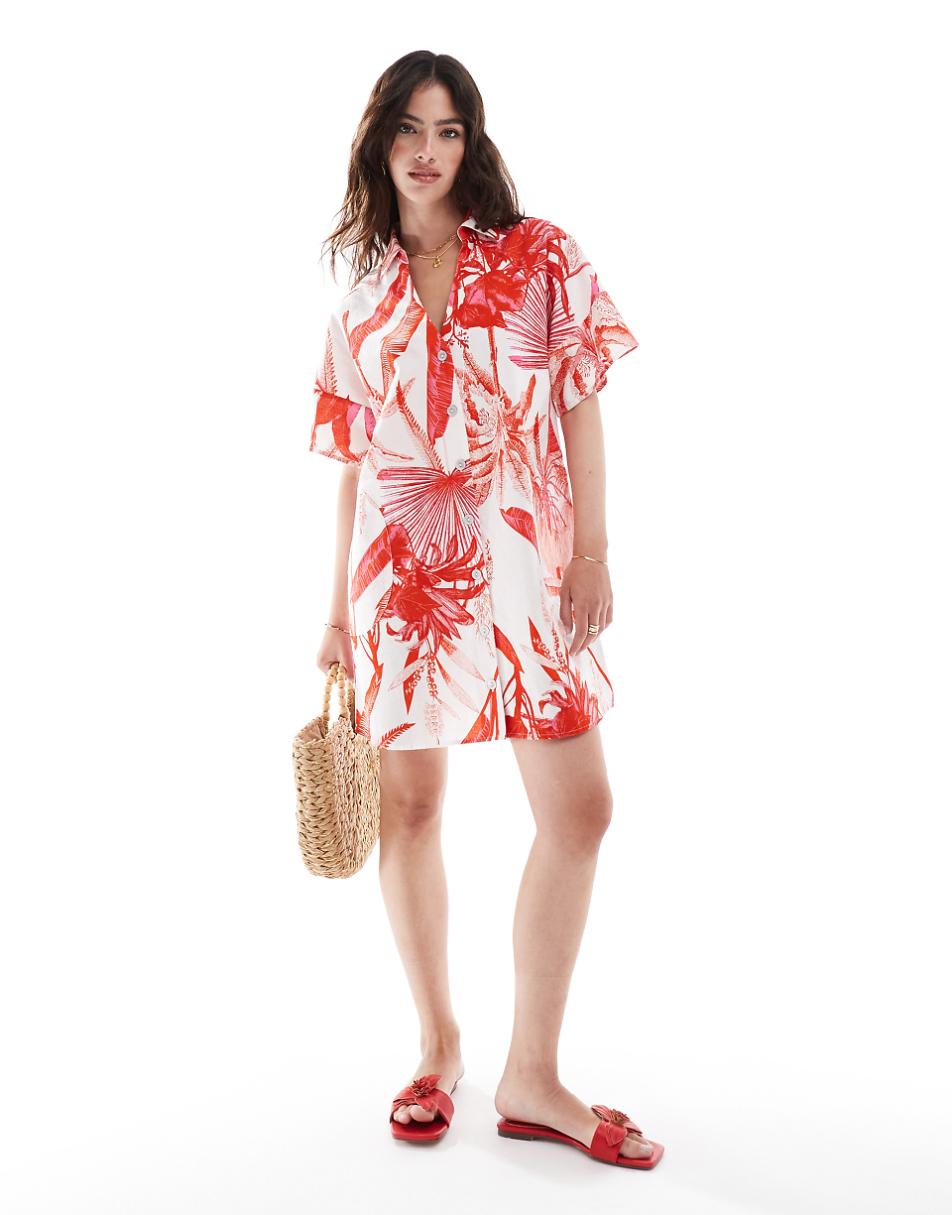 ASOS DESIGN short sleeve linen blend boxy mini shirt dress in red tropical print