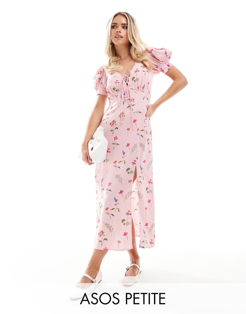 ASOS DESIGN Petite puff sleeve lace up midi dress in pink print