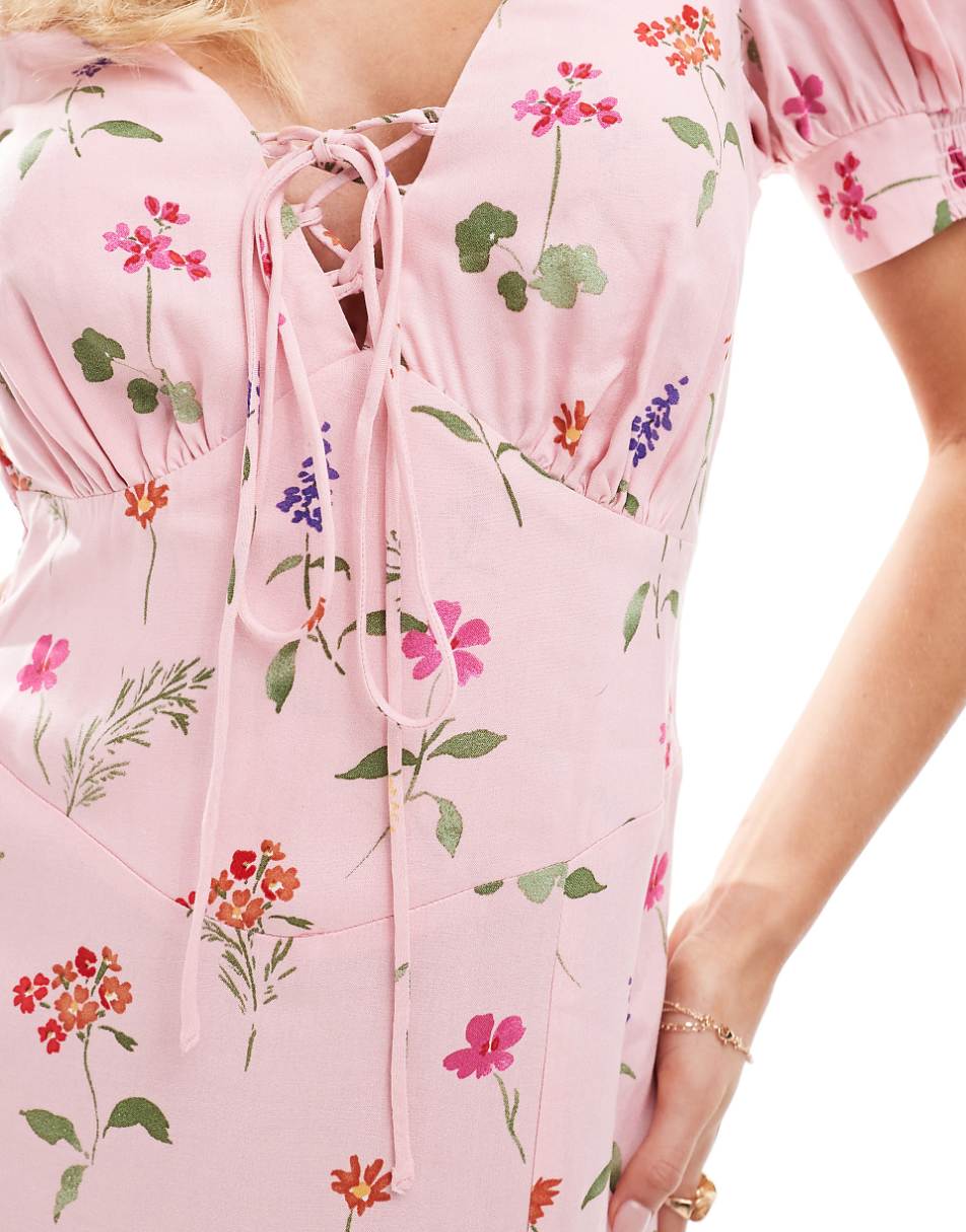 ASOS DESIGN Petite puff sleeve lace up midi dress in pink print