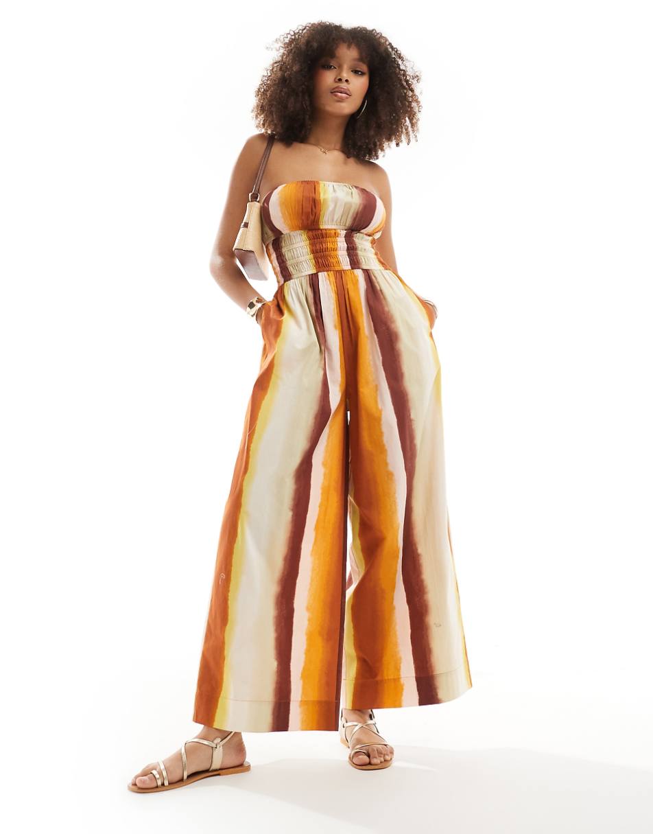 ASOS DESIGN shirred bodice wide leg jumpsuit in chocolate stripe