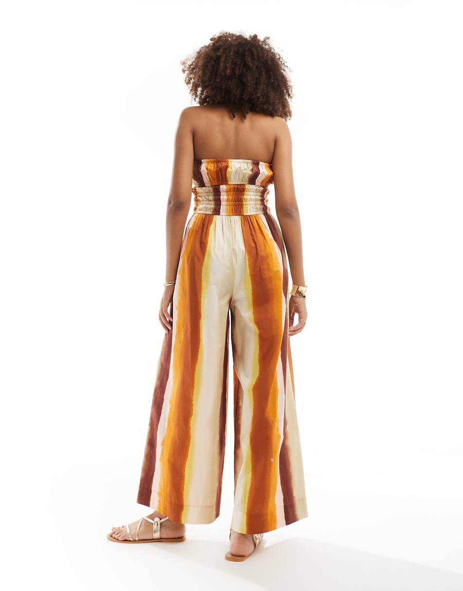 ASOS DESIGN shirred bodice wide leg jumpsuit in chocolate stripe