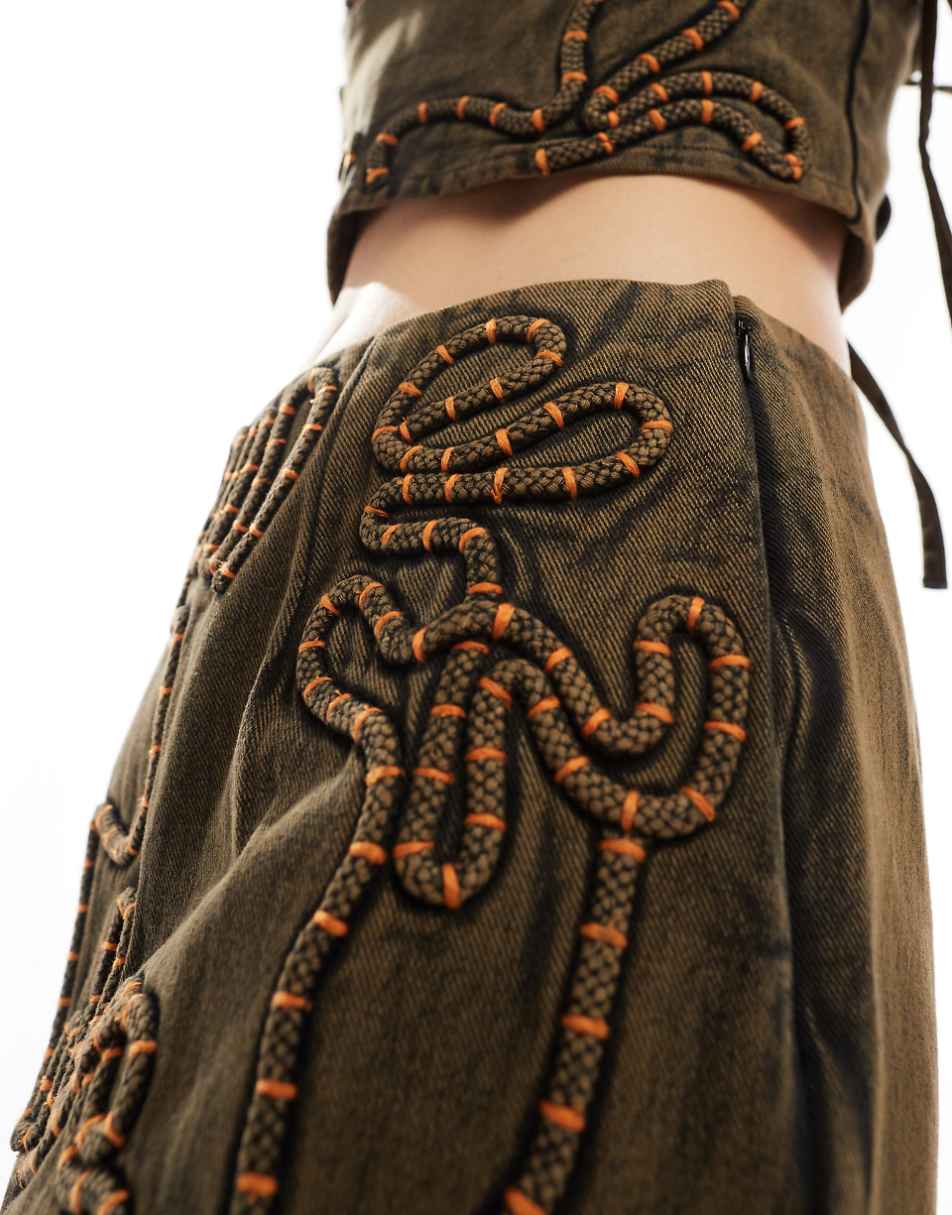 COLLUSION festival micro mini skirt with corded embroidery in chocolate - part of a set