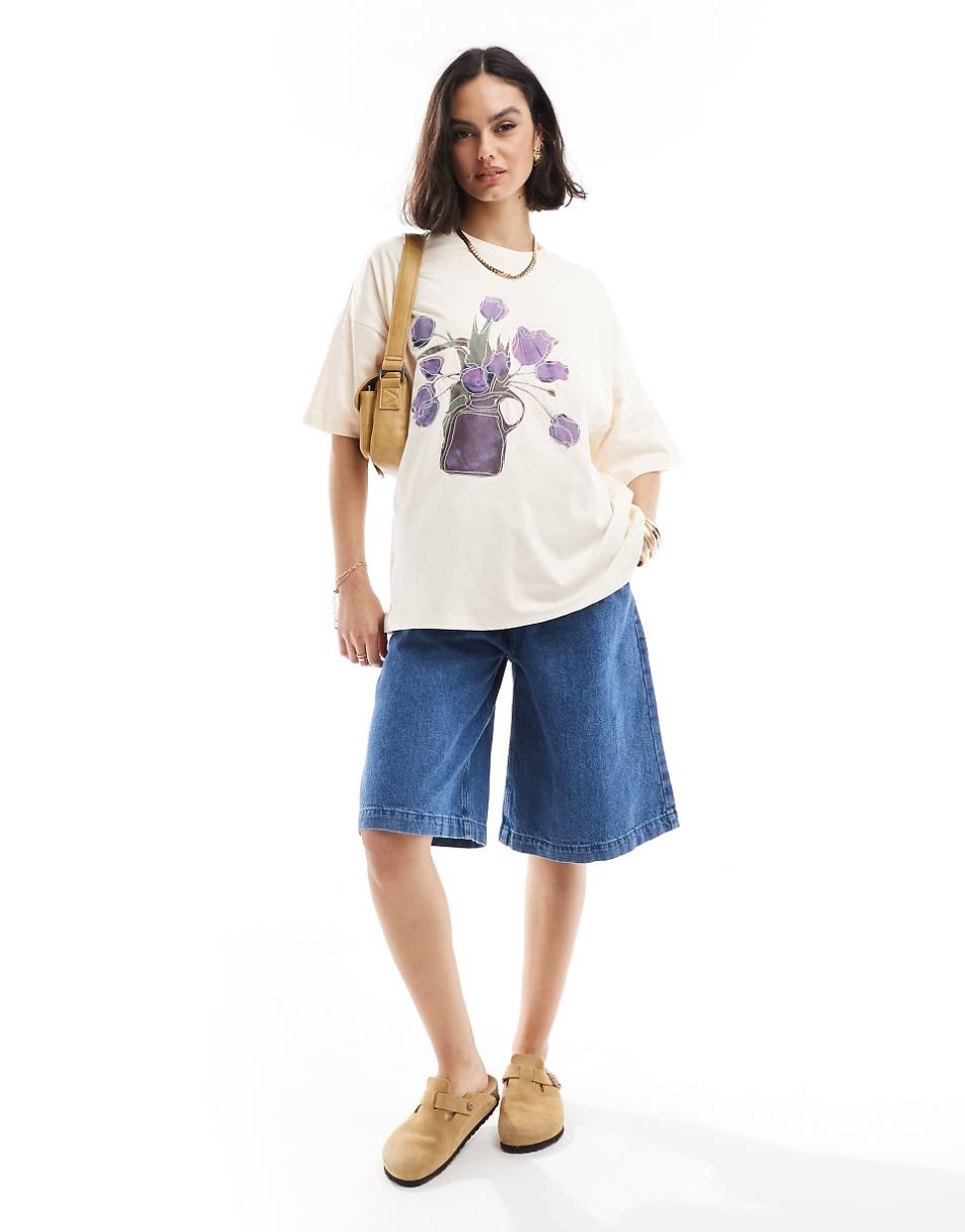 ASOS DESIGN oversized t-shirt with embroidered tulip graphic in white